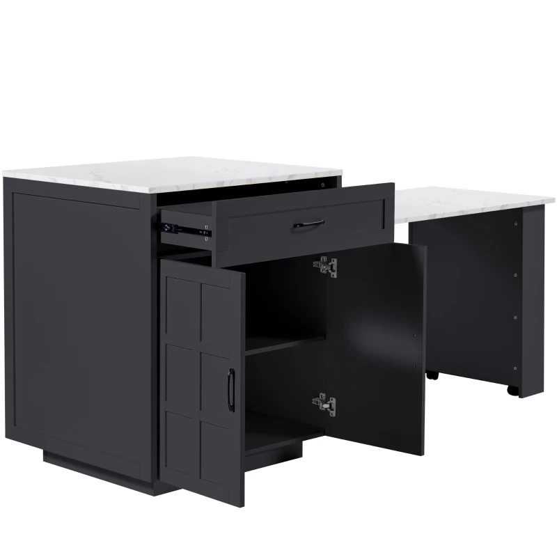 Extendable Bar Table with 2 Drawers and 4 Compartments, Expandable Kitchen Island for 2–6 People, 133-202L x 70W x 93.5H cm, Black