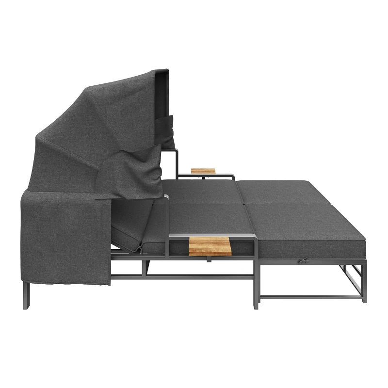 Convertible Garden Lounge Set with Double Reclining Lounger, Outdoor Rattan Sofa Set with Adjustable Backrest, 128L x 117W x 40H cm, Gray