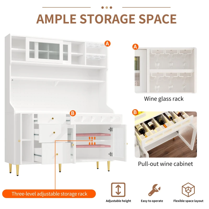 Freestanding Highboard with LED Lighting & Pull-Out Wine Rack, Tall Storage Cabinet with Sliding Glass Doors, 145L x 39W x 171H cm, White