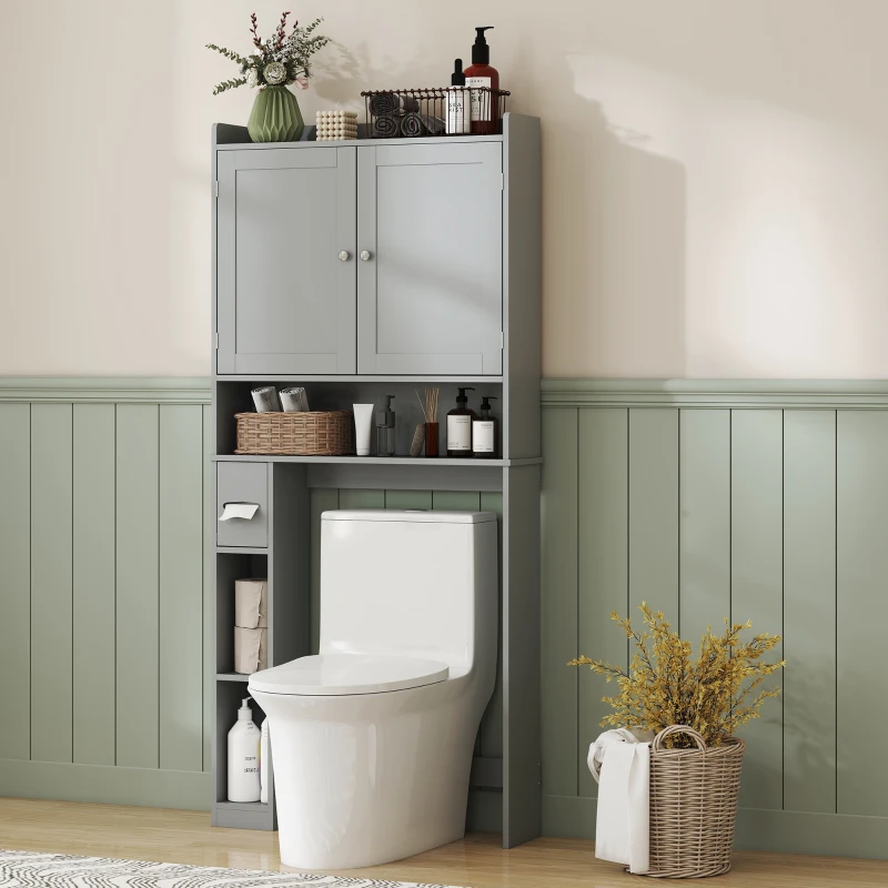 HOMCOM Meuble WC dessus de toilette ou machine à laver, 2 portes, 3 compartiments, porte-papier toilette, 80x19,5x170cm, gris(m-8)
