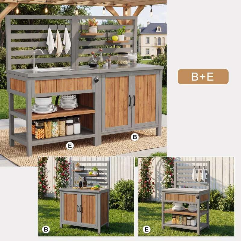 Outdoor BBQ Side Table with Stainless Steel Worktop, Mobile Garden Cabinet with Lockable Castors, 404L x 134.5W x 148.5H cm, Natural
