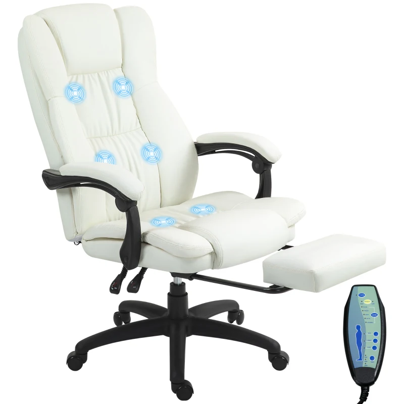Vinsetto Silla de Masaje Reclinable con Altura Ajustable Reposapiés Retráctil y Control Remoto 68,5x68,5x113-121 cm Crema