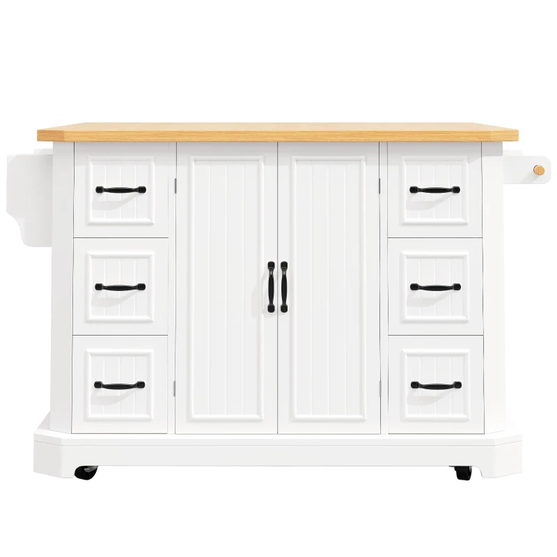 Mobile Kitchen Island with 2 Doors, 6 Drawers and Wood-Effect Worktop, Rolling Cart for Compact Dining Areas, 120L x 45W x 91H cm, White