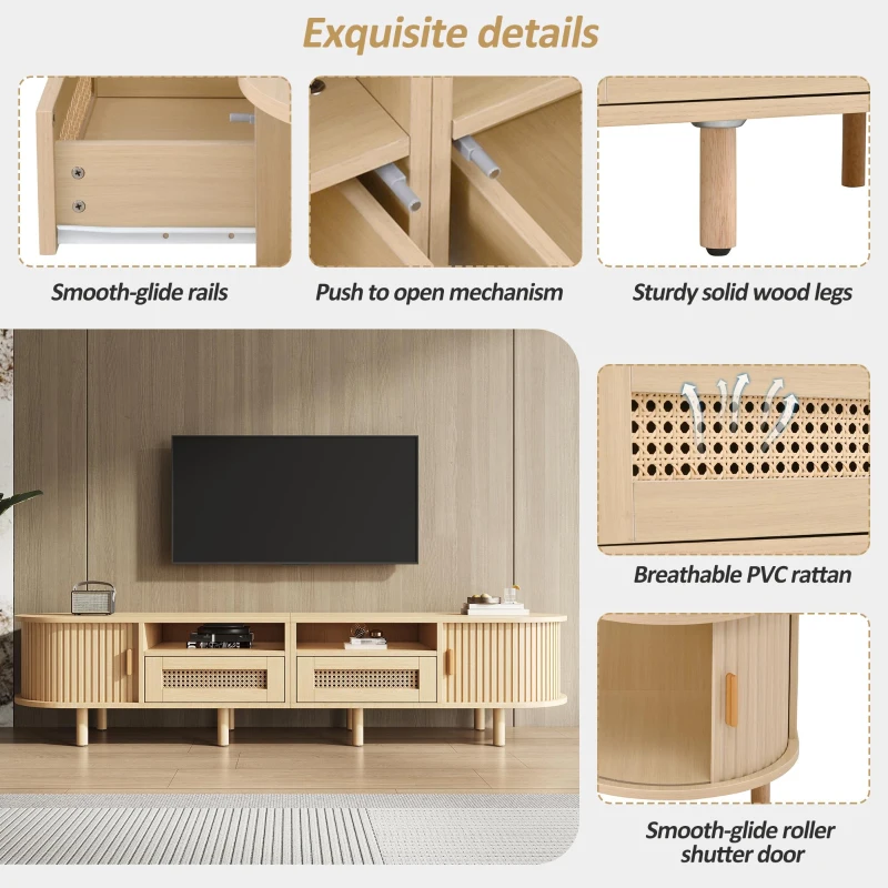 Modern TV Stand with 2 Drawers, 2 Sliding Doors & 8 Solid Wood Legs, Versatile Cabinet with Rounded Corners, 170L x 40W x 40H cm, Oak