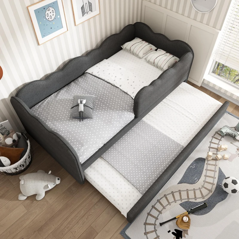 Upholstered Daybed with Pull-Out Trundle & Removable Front Rail, Space-Saving Sofa Bed for Compact Flats, 197L x 99W x 70H cm, Grey