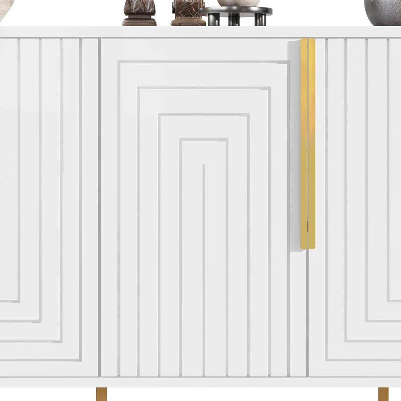 Stylish Sideboard with 2 Doors, 4 Shelves and Geometric Door Design, Durable Cabinet with Slim Metal Feet, 152L x 40W x 75H cm, White