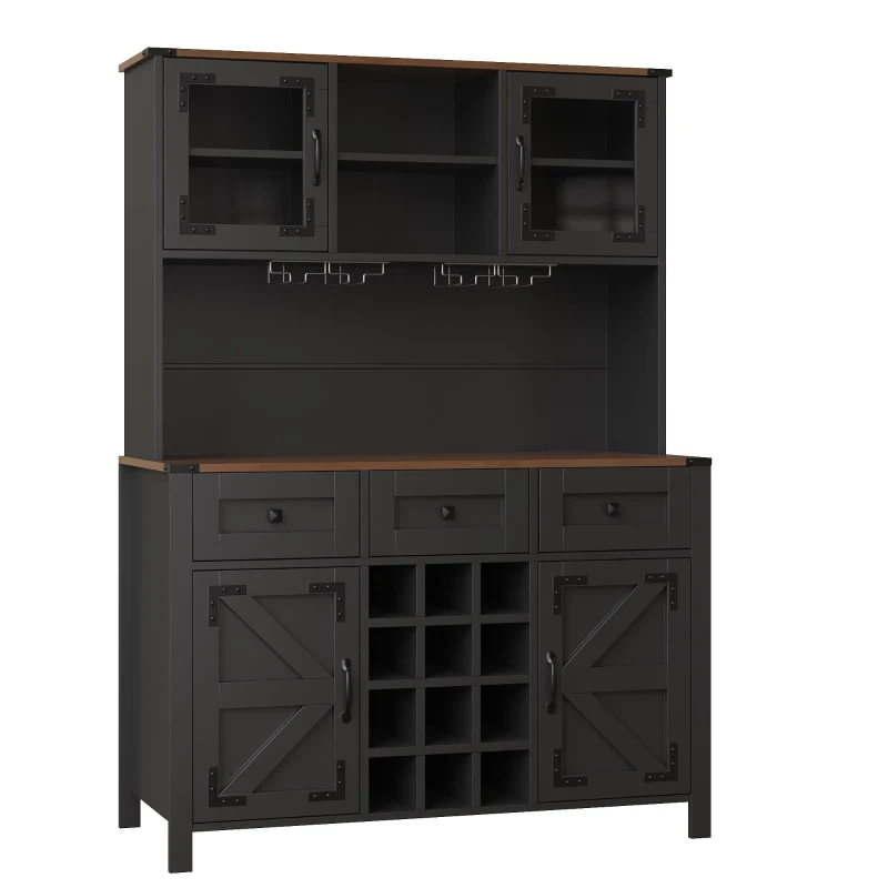 Tall Kitchen Cabinet with Integrated Power Strip and Wine Glass Rack, Stylish Sideboard with Cable Management, 120L x 40W x 170H cm, Black