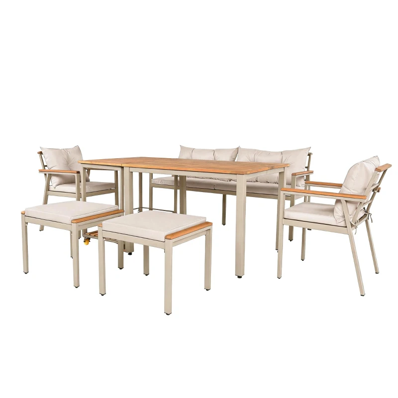 Set tavolo e sedie da pranzo per giardino 6-7 posti, mobili da giardino con poltrone e carrello portavivande rimovibile, Beige+Colore naturale