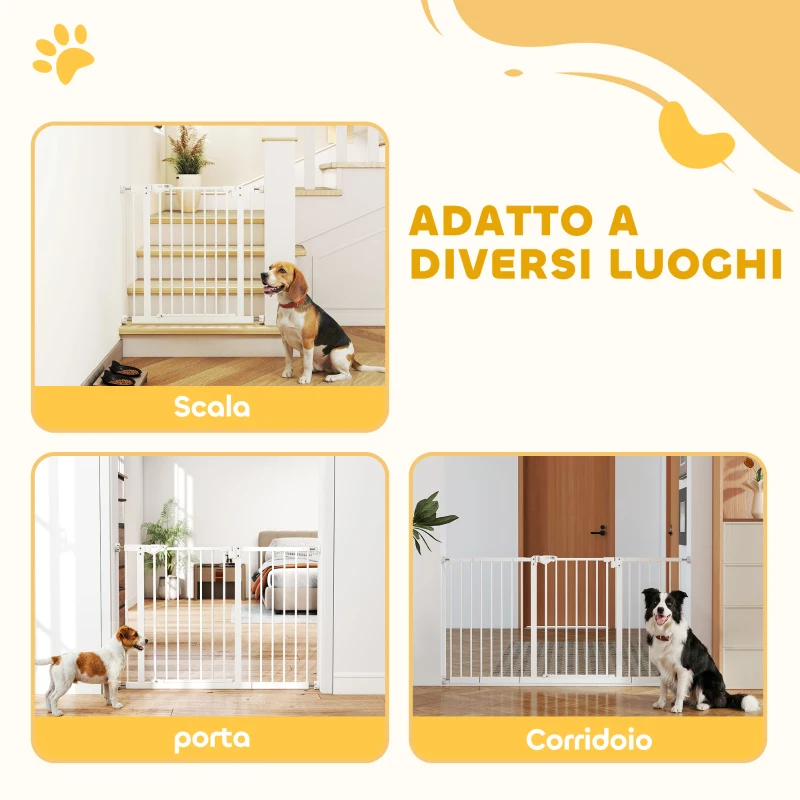 PawHut Cancellino per Cani a 3 Estensioni con Larghezza Regolabile 74-148 cm e Chiusura Automatica, Bianco