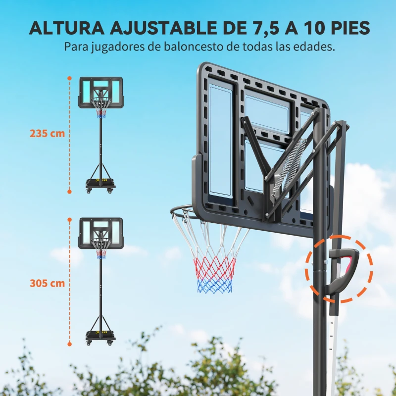 SPORTNOW Canasta de Baloncesto para Exterior Ajustable de 235-305 cm con Tablero Irrompible 110 cm Saco de peso y Ruedas Negro