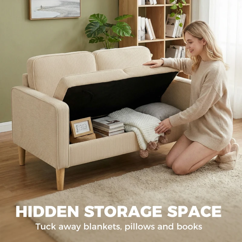 HOMCOM Sofa 2-osobowa z 2 poduszkami, schowkiem, na drewnianych nogach, mała, nowoczesna, sztruksowa, 117 x 63 x 79 cm, beżowa
