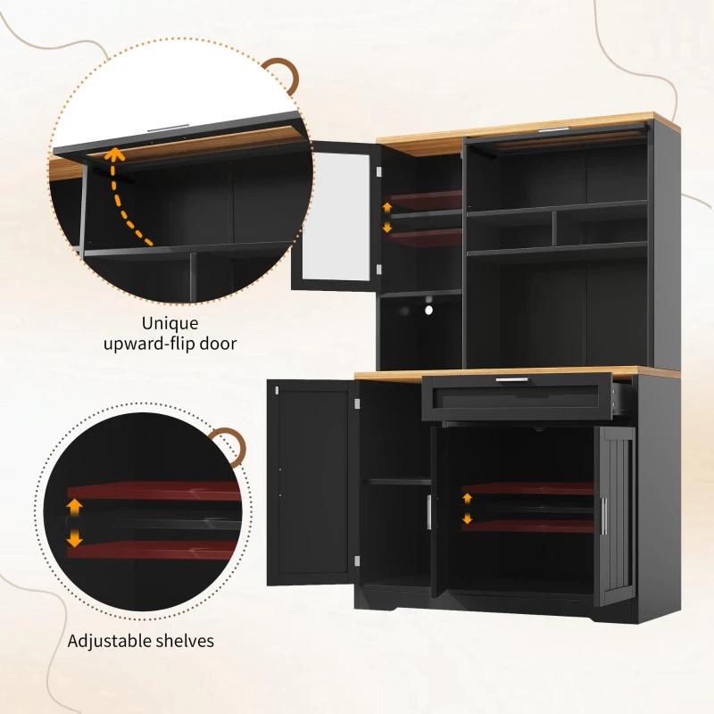 Tall Display Cabinet with USB-Powered App-Controlled LED Lighting, Modern Sideboard for Kitchen, Living Areas, 104L x 40W x 180H cm, Black