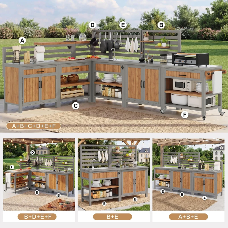 Outdoor BBQ Side Table with Stainless Steel Worktop, Mobile Garden Cabinet with Lockable Castors, 404L x 134.5W x 148.5H cm, Natural