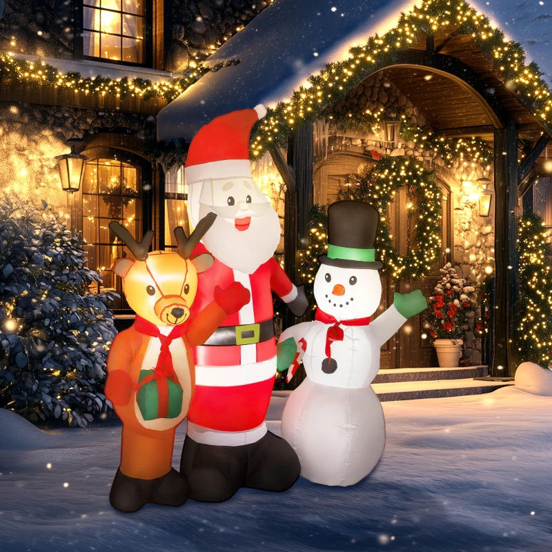 Outsunny Papá Noel Inflable 150 cm con Reno y Muñeco de Nieve Luces LED e Inflador Eléctrico para Exterior Jardín Césped