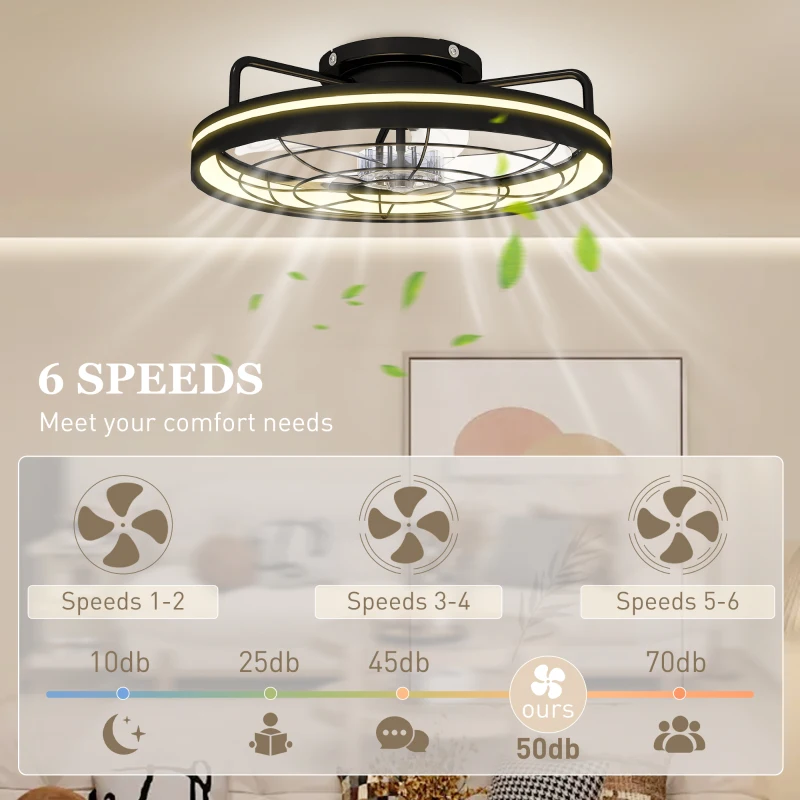 HOMCOM Wentylator sufitowy z lampą i pilotem, 48 cm LED, 3 temperatury światła, 6 prędkości, timer, czarny