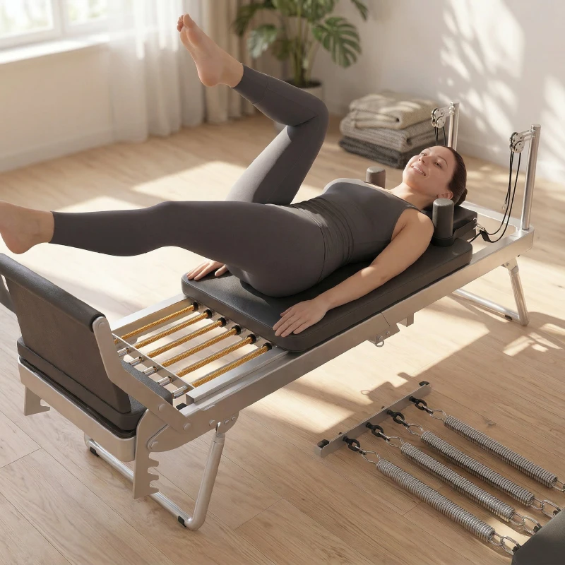 SPORTNOW Machine Reformer Pilates Pliable Système Hybride 4 Ressorts & 5 Cordes Silencieux Acier 195 x 56 x 88 cm Blanc