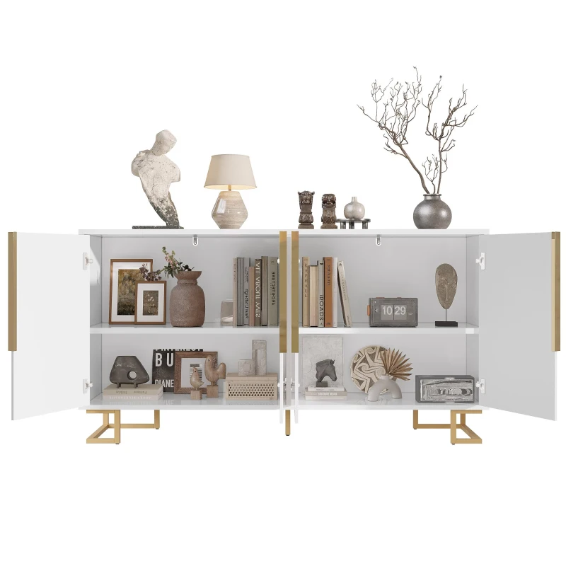 Stylish Sideboard with 2 Doors, 4 Shelves and Geometric Door Design, Durable Cabinet with Slim Metal Feet, 152L x 40W x 75H cm, White