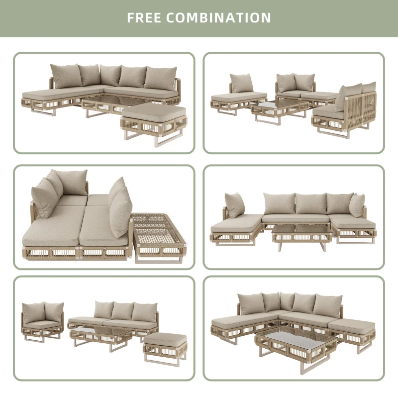 Rope-Woven Garden Sofa Set with 10 cm Thick Cushions, Versatile Garden Lounge Set with Splash-Proof Fabric, 225L × 167W × 62H cm, Beige