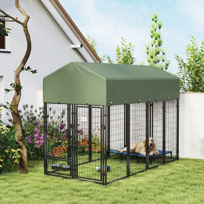 PawHut Recinto per Cani da Esterno in Acciaio con Tetto in Tessuto Oxford, Anti-UV, Impermeabile, 2 Ciotole, Verde