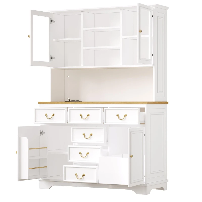 Tall Kitchen Cabinet with Integrated USB Ports & Ergonomic Worktop, Stylish Sideboard with Adjustable Shelves, 118L x 39.5W x 180H cm, White
