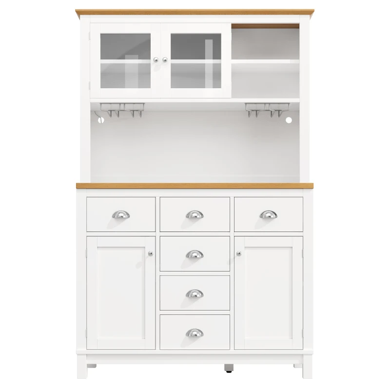 Farmhouse Style Sideboard with Spacious Shelves and Drawers, Versatile Storage Cabinet with Drink Holders, 104L x 40W x 180H cm, White