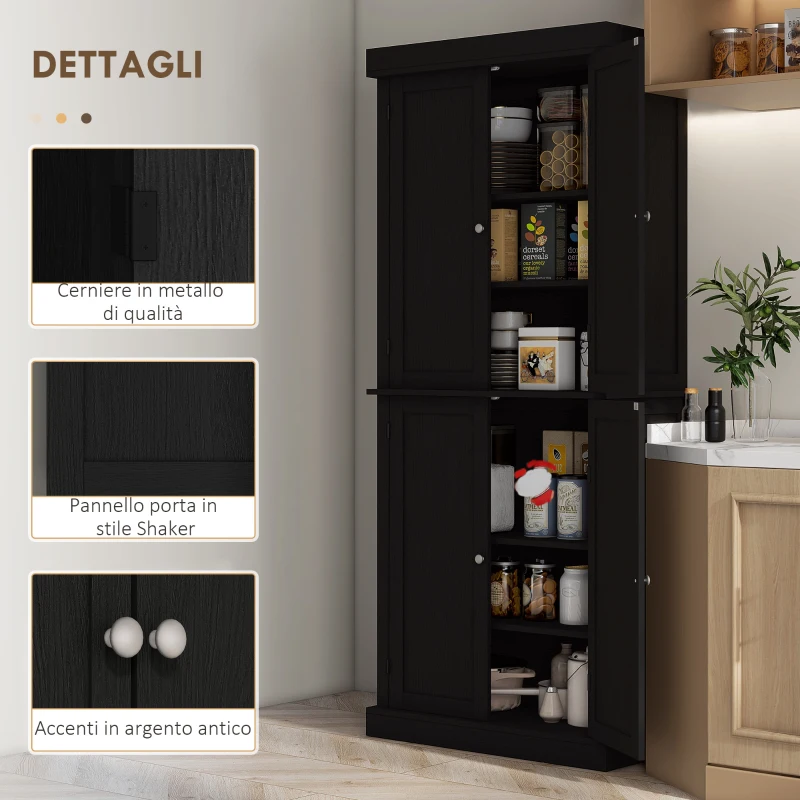 HOMCOM Mobile Cucina Alto con 6 Ripiani Regolabili e 4 Ante in Legno, 76x40.5x184 cm, Nero