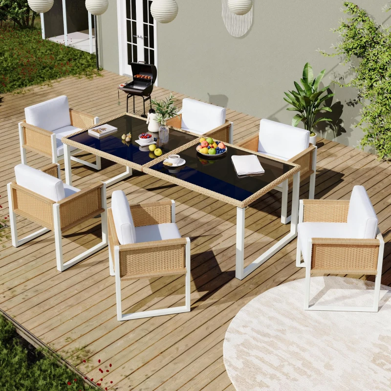 Set da pranzo in polyrattan per 6 persone, piano in vetro temperato, rivestimenti sfoderabili e lavabili, Marrone+Bianco