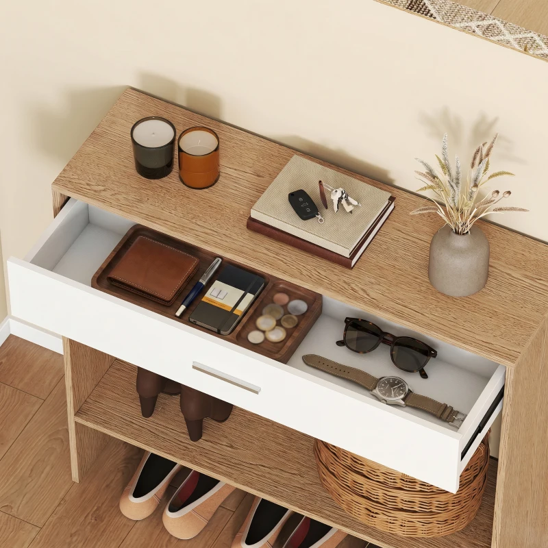 HOMCOM Console meuble + miroir, table console étroite avec tiroir et étagère, style moderne, 91,5 x 27,9 x 85,5 cm, chêne