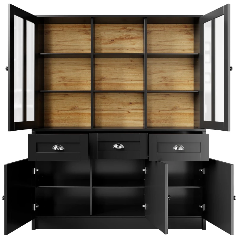 Freestanding Display Cabinet with Adjustable Shelves & Soft-Close Hinges, Tall Sideboard for Living Area, 140L x 38.5W x 175H cm, Black