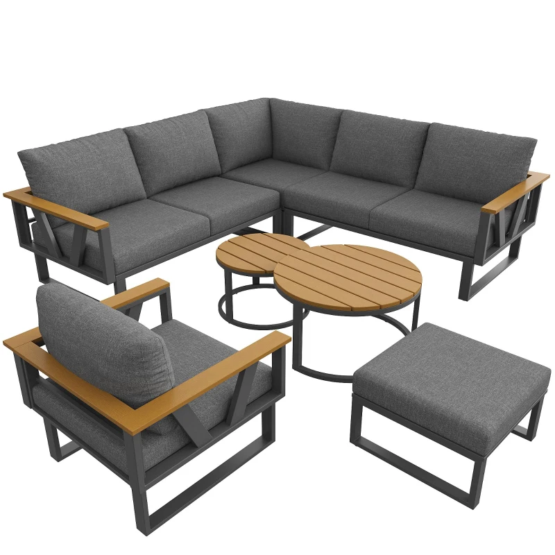 Stylish Modular Garden Sofa Set with Washable 9 cm Cushions, Versatile Garden Furniture Set for 6-7 Seater, 177L x 177W x 79H cm, Gray