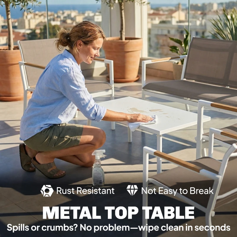 Outsunny 4 Seater Garden Furniture Set with Loveseat, Armchairs, Table, Metal Garden Sofa Set with Breathable Seats, Khaki