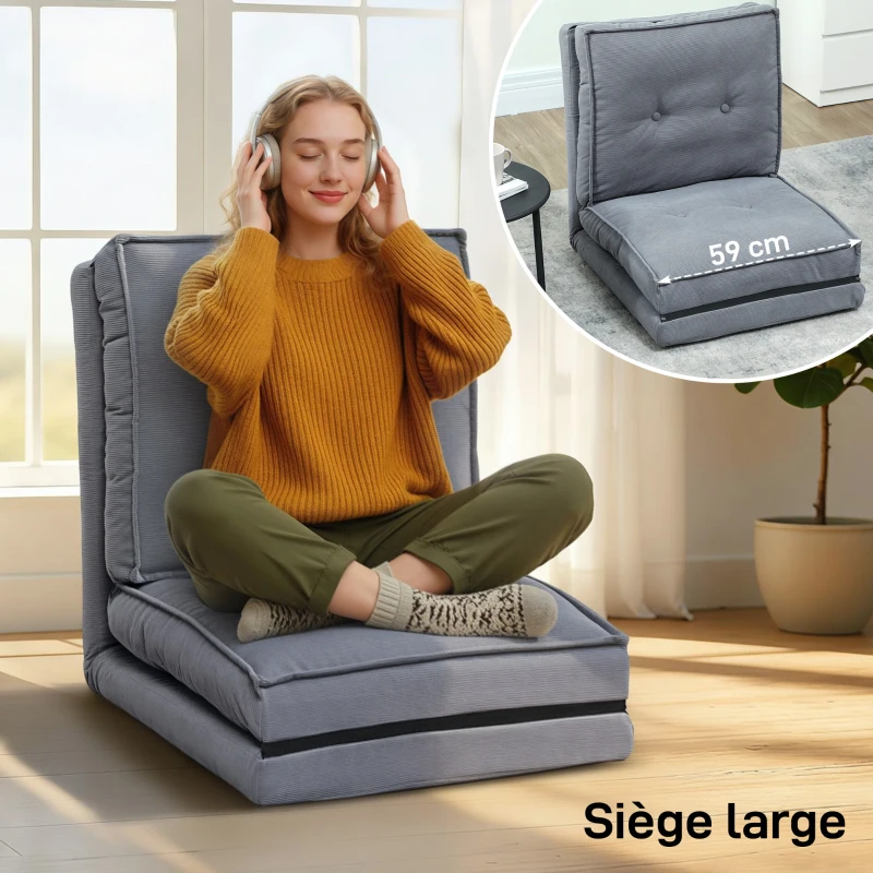 HOMCOM Fauteuil de sol pliable en velours côtelé, matelas de sol avec dossier réglable en 5 positions, 59 x 230 x 15 cm, gris