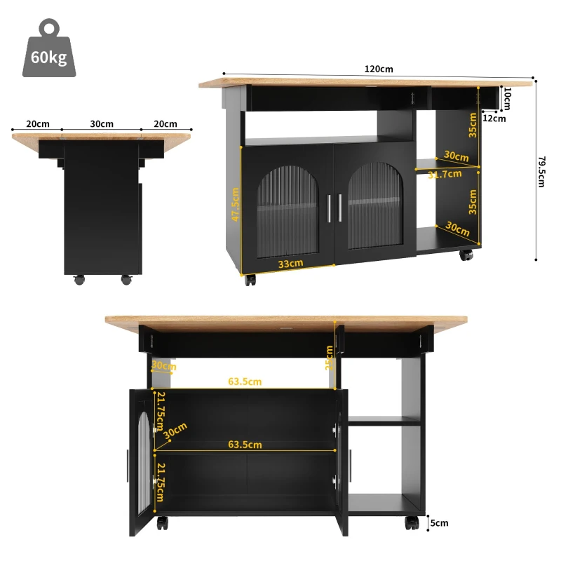 Mobile Kitchen Island with Folding Dining Tops and Storage, Multifunctional Dining Trolley for Modern Homes, 120L x 30-70W x 79.5H cm, Black
