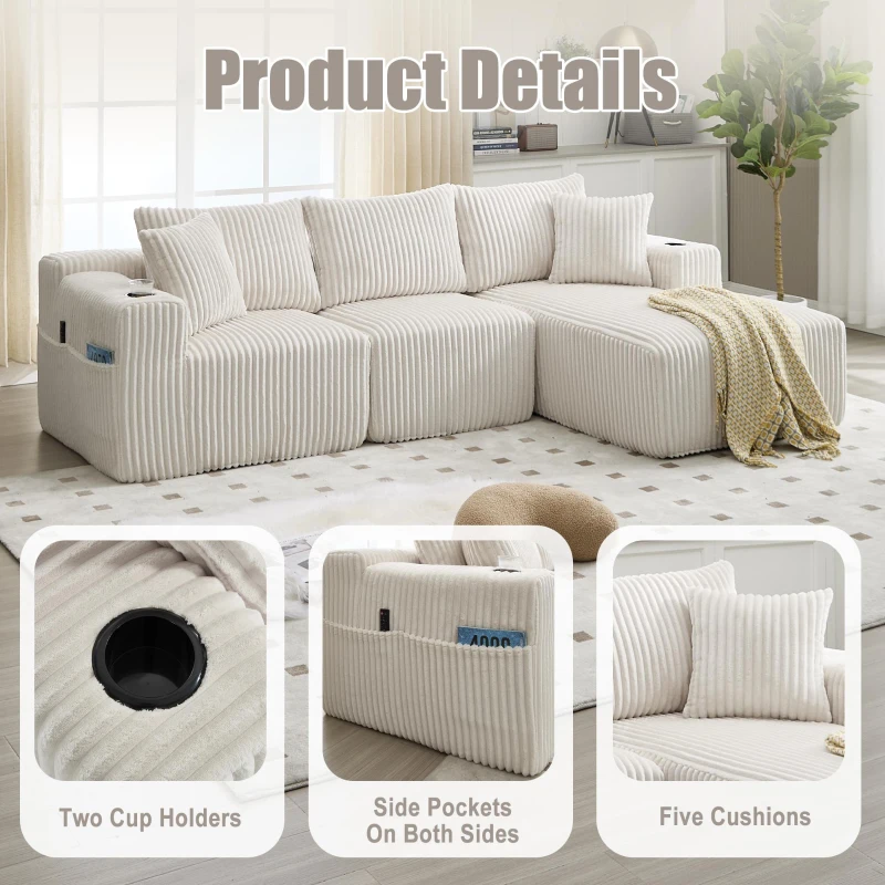 Modular L-Shaped Sectional Sofa with High-Resilience Foam, Plush Corduroy Chaise Lounge for 3 People, 257L x 160W x 80H cm, Beige