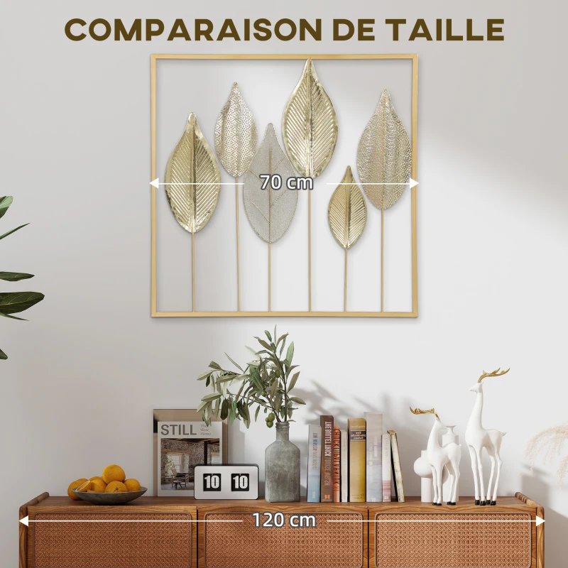 HOMCOM Décoration murale en métal moderne, sculpture murale en métal en forme de feuille, 70 x 70 cm, doré