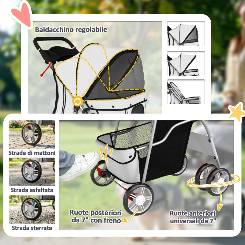 PawHut Passeggino per Cani Pieghevole con Catarifrangenti, Ruote Girevoli, Freni e Cuscino Lavabile, Grigio