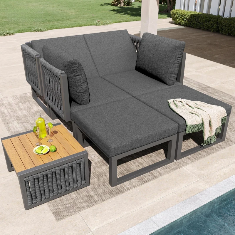 Outdoor Garden Furniture Set with High-Density Foam Cushions, Durable Garden Sofa Set with Plastic Weave, 240L x 118W x 83H cm, Gray