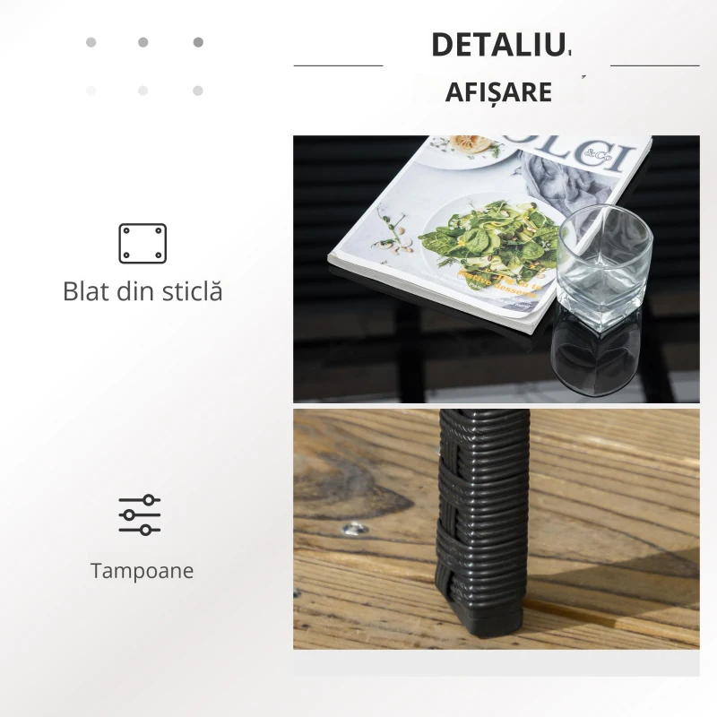 Outsunny Set Mobilier de Exterior din Ratan PE cu Canapea de 2 Locuri, 2 Fotolii cu Perne și Măsuță din Sticlă, Negru