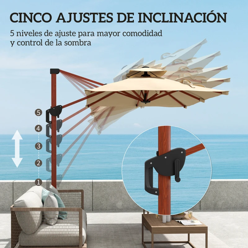 Outsunny Sombrilla de Jardín Excéntrica de Aluminio 300x198x252 cm con Protección UPF50+ y Base Cruzada Giratoria 360° Caqui