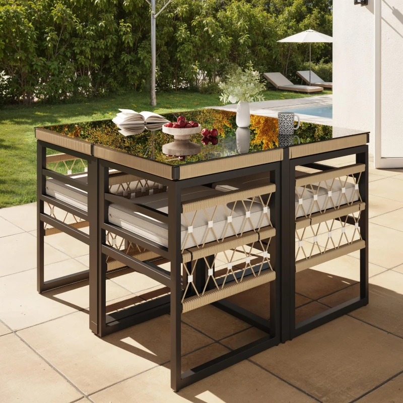 Hand-Woven Garden Sofa Set with Foam Cushions, Stylish Garden Lounge Set for 4 People, 110L x 110W x 74H cm, Beige+Black