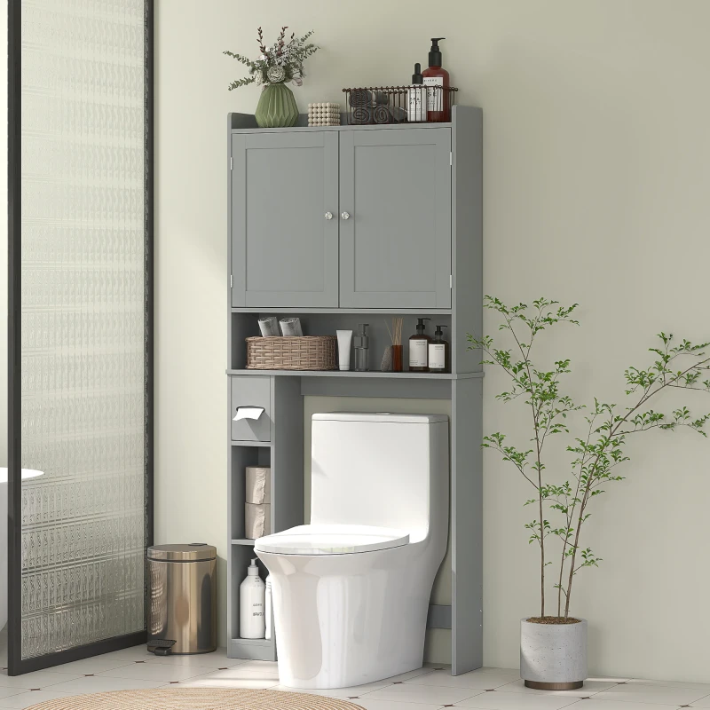 HOMCOM Meuble WC dessus de toilette ou machine à laver, 2 portes, 3 compartiments, porte-papier toilette, 80x19,5x170cm, gris(m-10)