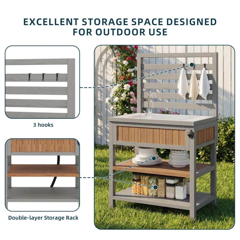 Weatherproof Garden Cabinet with Large Work Surface, Outdoor Kitchen Sideboard with Adjustable Shelves, 80L x 51W x 148.5H cm, Natural