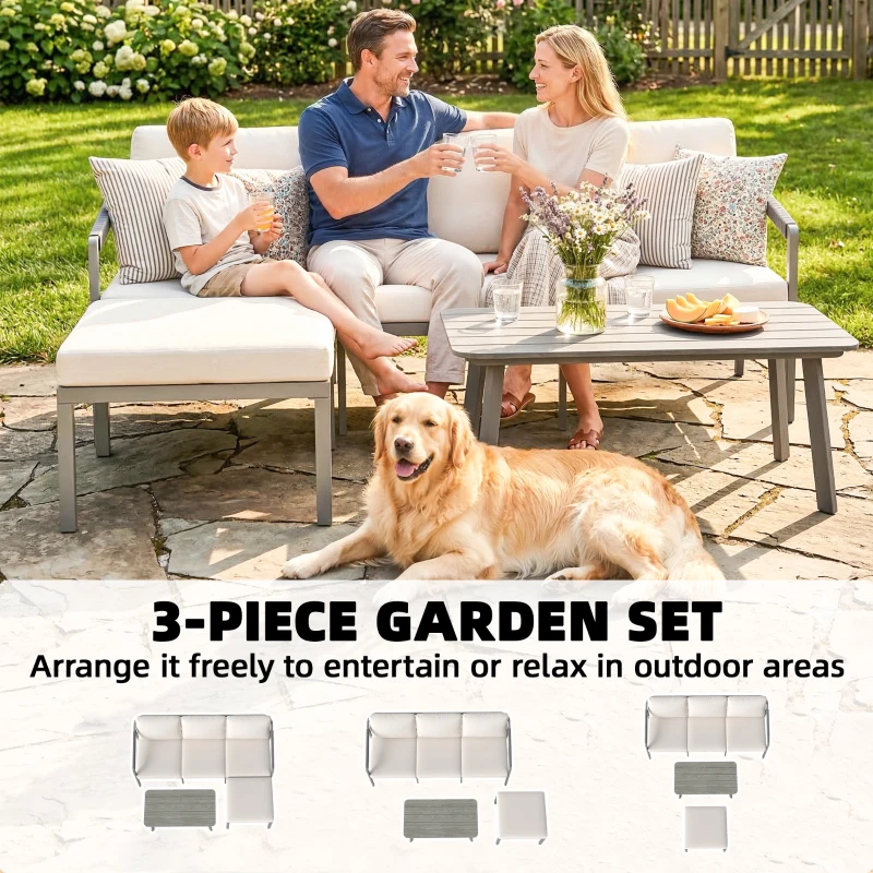 Outsunny 3 Piece Garden Dining Set, Outdoor Patio Furniture with 3 Seater Sofa, Footstool, Coffee Table and Cuhsions
