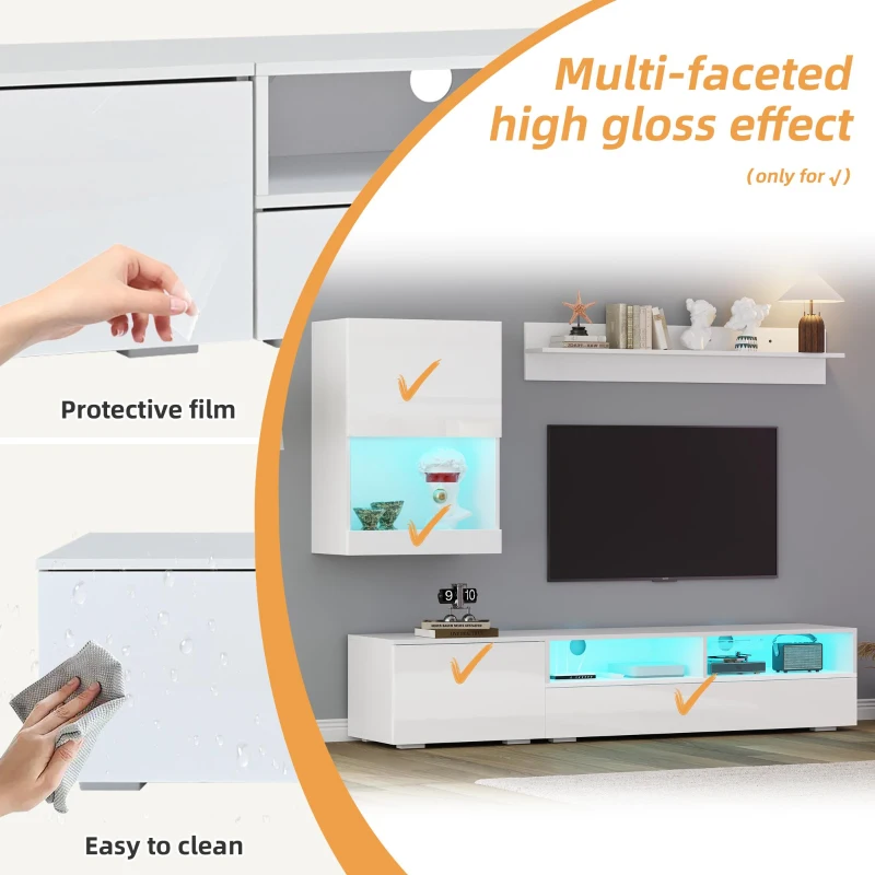 3-Piece TV Wall Unit Set with App-Controlled LED Lights, High-Gloss TV Cabinet Set for Modern Living Areas, 175L x 39W x 34H cm, White