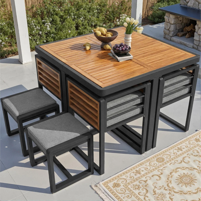 Modern 7-Piece Garden Dining Set with Stackable Chairs, Outdoor Patio Furniture Set with Sturdy Metal Frame, 113L x 113W x 76H cm, Gray