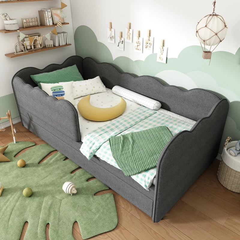 Upholstered Daybed with Pull-Out Trundle & Removable Front Rail, Space-Saving Sofa Bed for Compact Flats, 197L x 99W x 70H cm, Grey