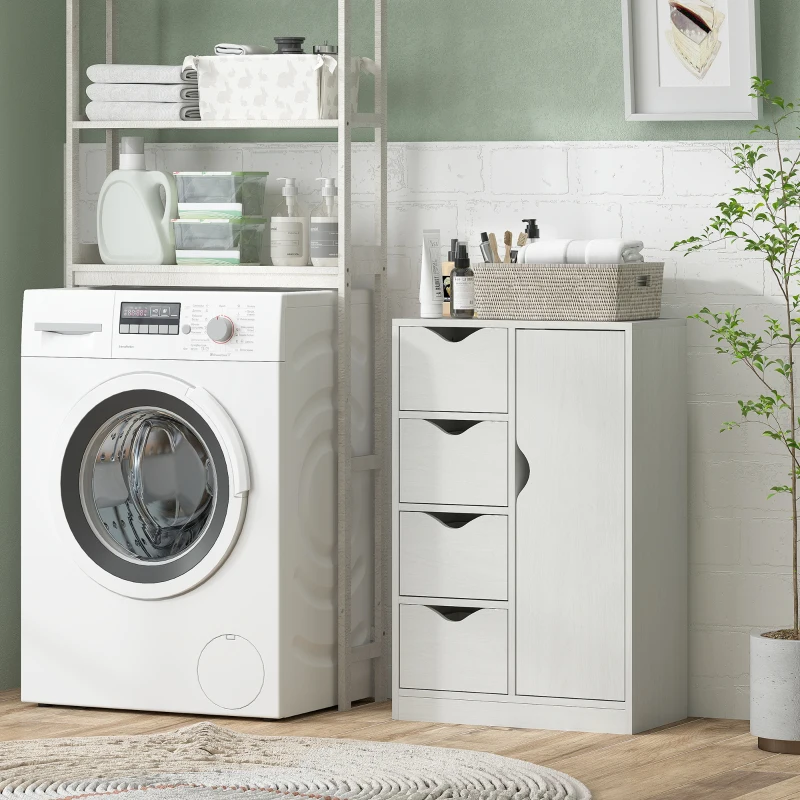 HOMCOM Armário de Sala de Estar Aparador Auxiliar com 4 Gavetas 1 Armário e Prateleira Inferior Móvel de Armazenamento 54x29x83 cm Branco