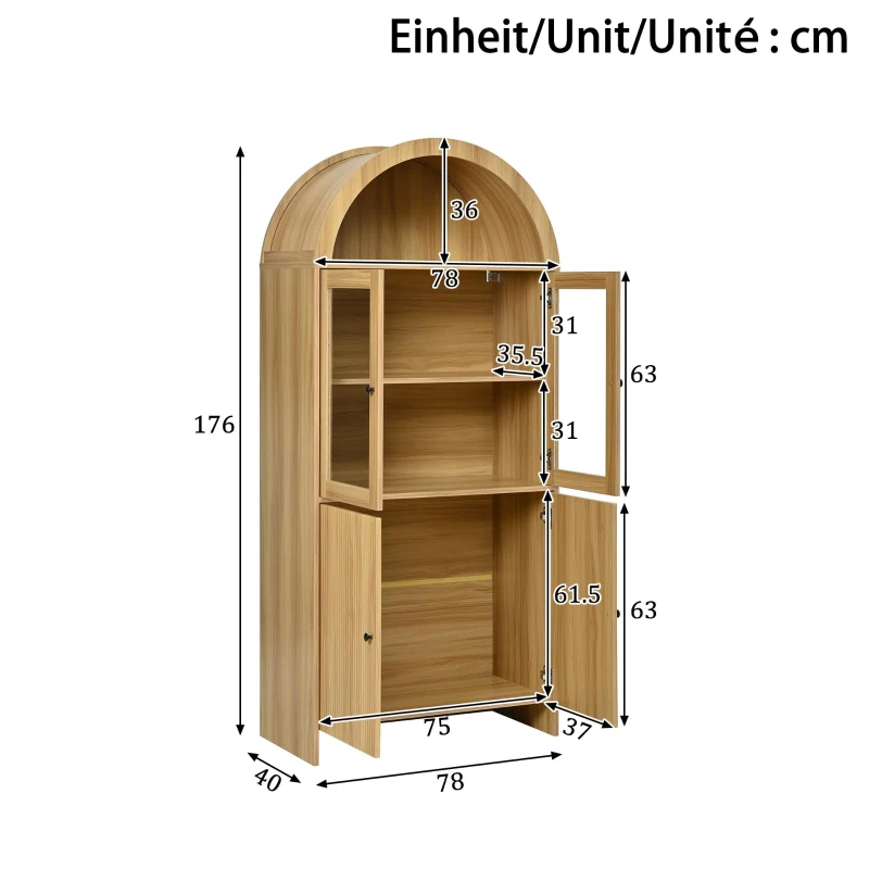 Hohes Sideboard mit Bogendecke, Glasvitrinentüren, Wellenmuster, 78 x 40 x 176 cm, Naturfarbe