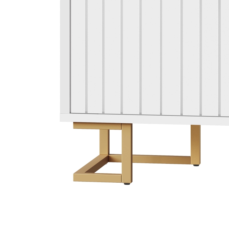 Stylish Sideboard with 2 Doors, 4 Shelves and Geometric Door Design, Durable Cabinet with Slim Metal Feet, 152L x 40W x 75H cm, White