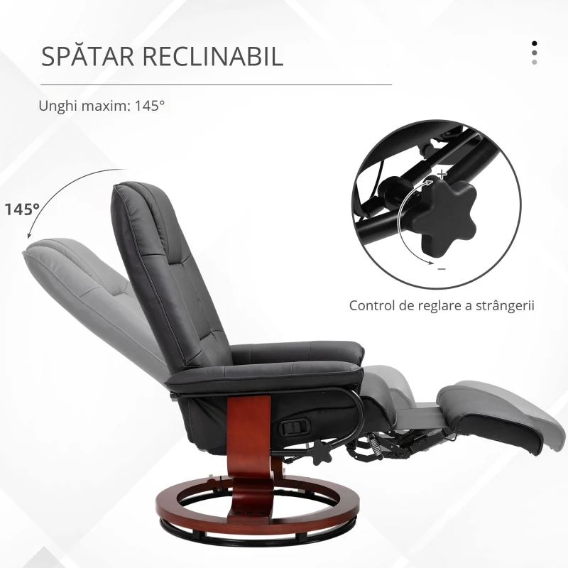 HOMCOM Fotoliu Relax Reclinabil Manual până la 145° cu Suport pentru Picioare și Acoperire din Piele Ecologică, Negru